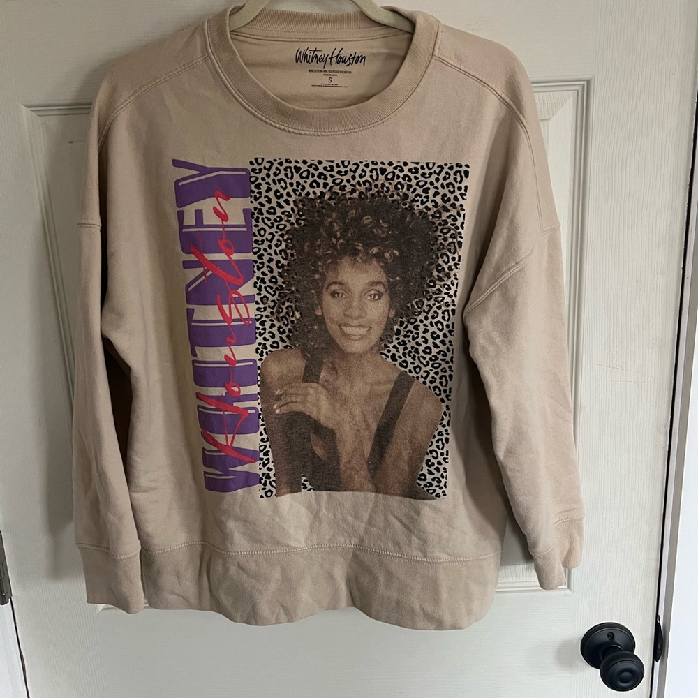 Whitney Houston Graphic Crewneck Sweatshirt - Beige with Purple Accent